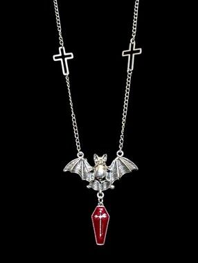 NWT Handmade Goth Punk Silver Bat Red Coffin Long Necklace